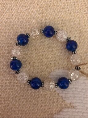 Handmade Blue and Clear Beaded Stretch Bracelet